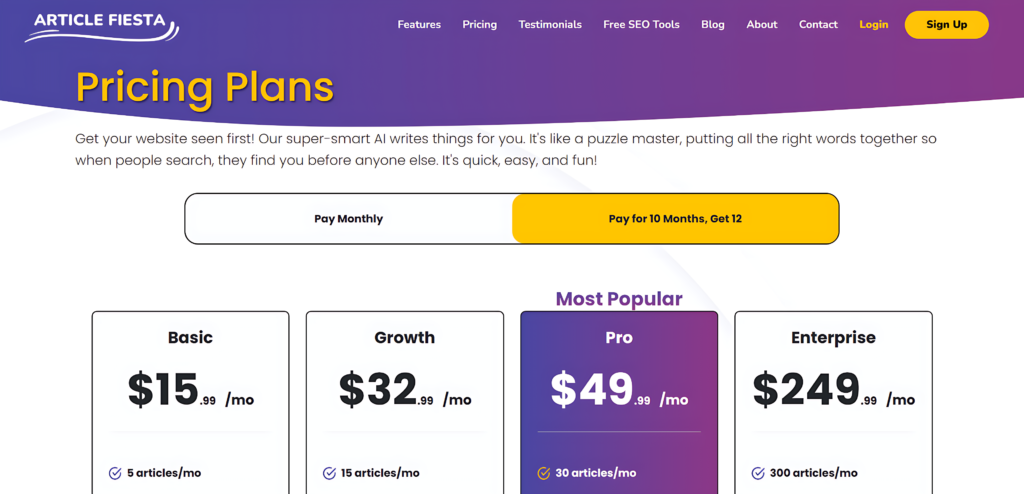 Article Fiesta Yearly Pricing plans