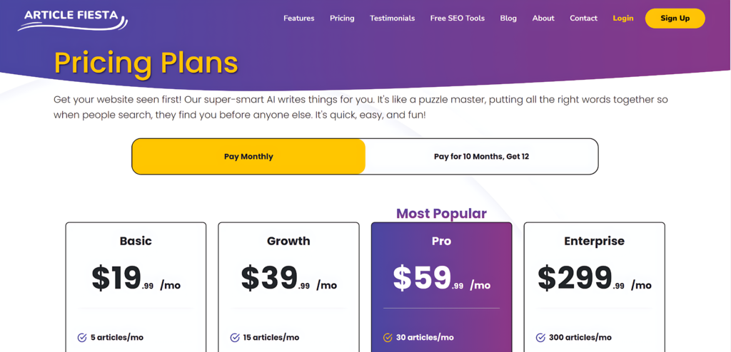 Article Fiesta Monthly Pricing plans